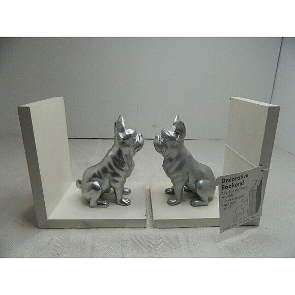Silver Tone Bull Dog Book Ends White Wood 5.5"H X 3.5"W X 5"D NWT w/paint chips - Picture 4 of 9